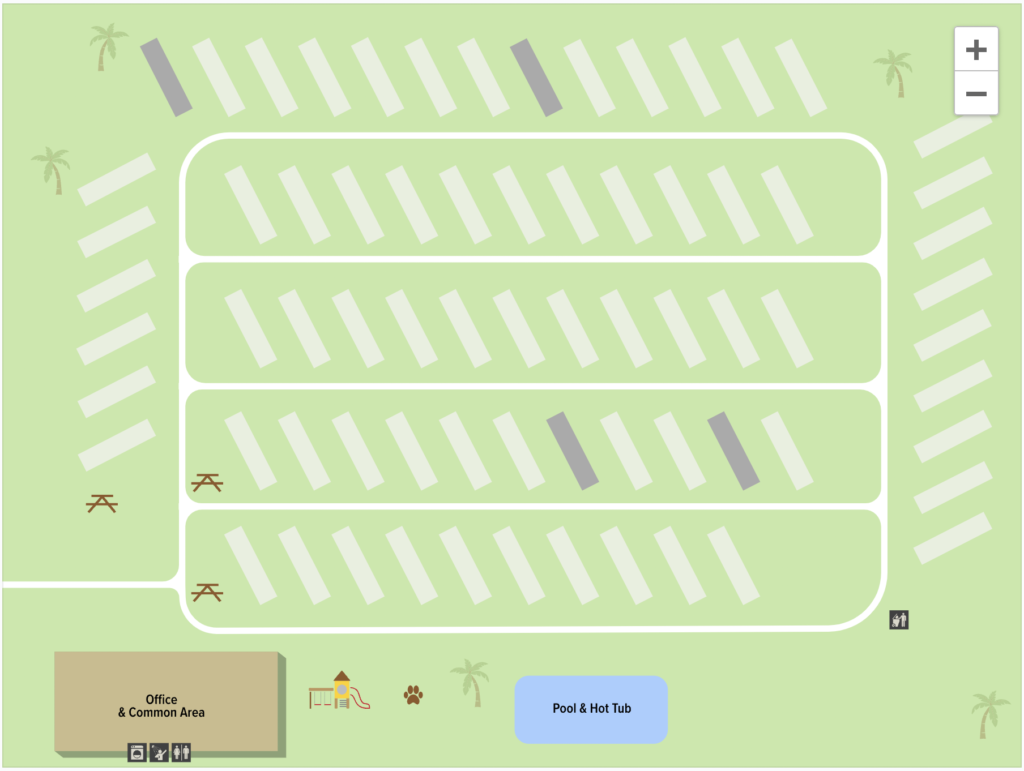 Map of a campground with rectangular plots for RVs. Bottom left shows an office and common area with picnic tables, an emergency symbol, a playground, and a dog park. Bottom right features a pool and hot tub area. Paths are in white, and palm trees are scattered.